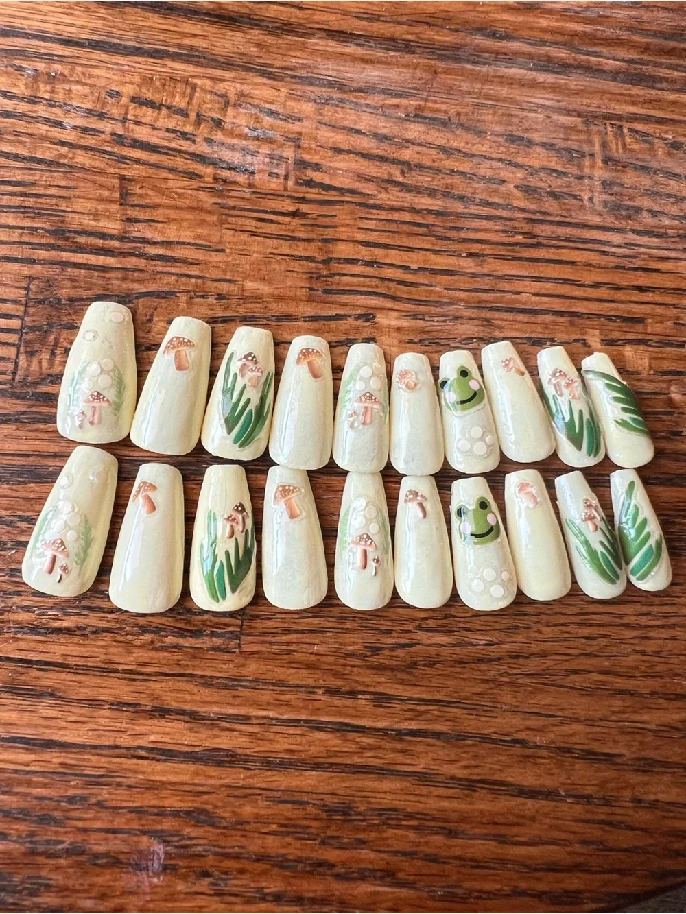 Yellow Mushroom Coffin Press-On Nails – Floral & Leaf Accent Set